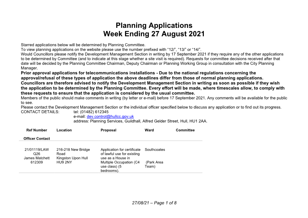 Planning Applications Week Ending 27 August 2021