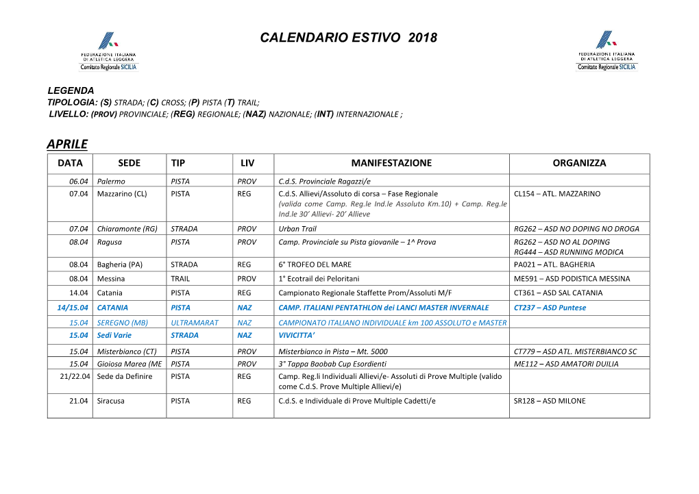 Calendario Estivo 2018