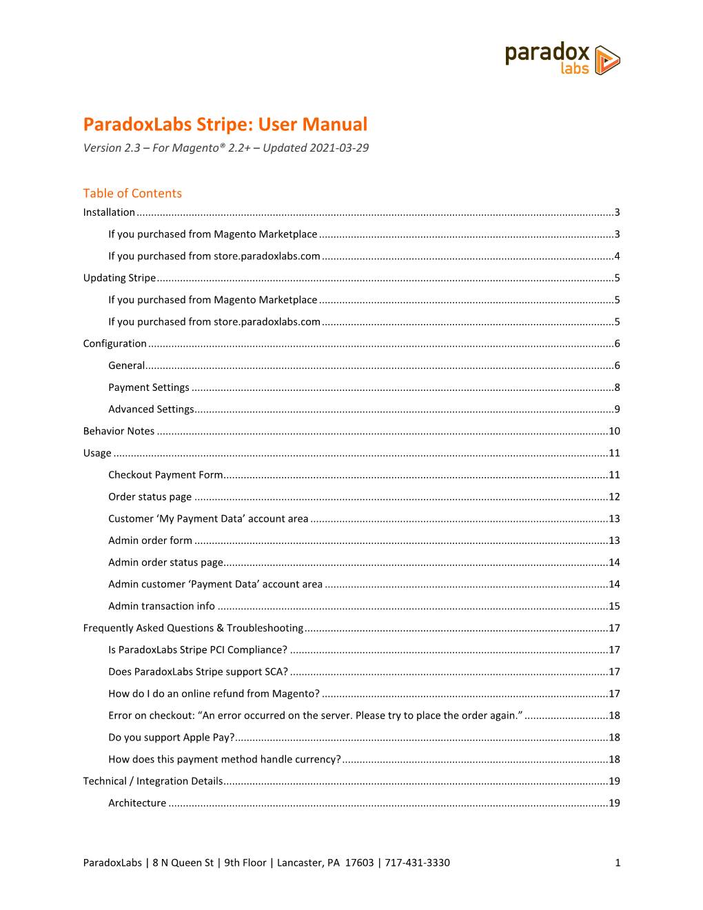 Paradoxlabs Stripe: User Manual Version 2.3 – for Magento® 2.2+ – Updated 2021-03-29