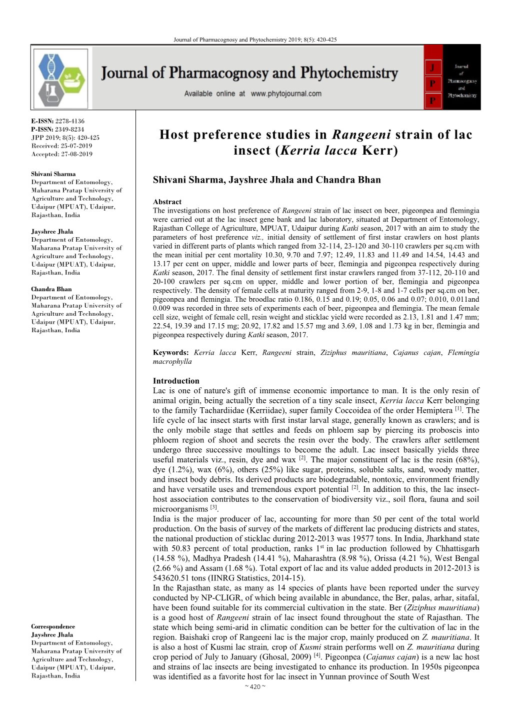 Host Preference Studies in Rangeeni Strain of Lac Insect (Kerria Lacca Kerr)
