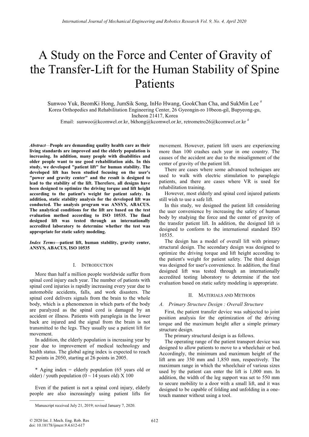 A Study on the Force and Center of Gravity of the Transfer-Lift for the Human Stability of Spine Patients