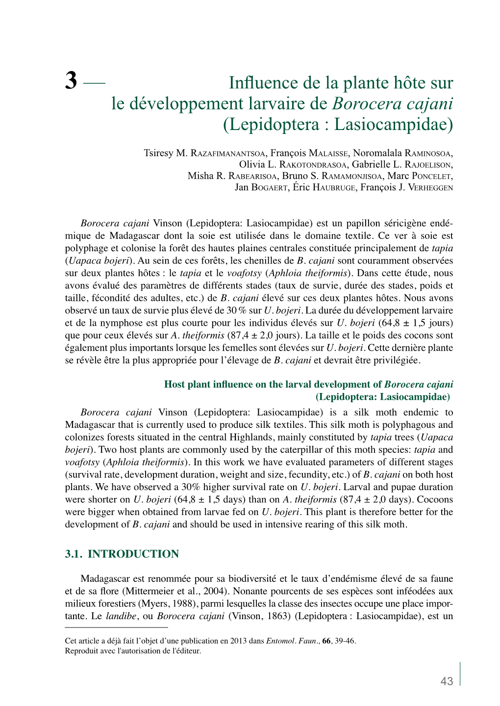 Influence De La Plante Hôte Sur Le Développement Larvaire De Borocera Cajani (Lepidoptera : Lasiocampidae)
