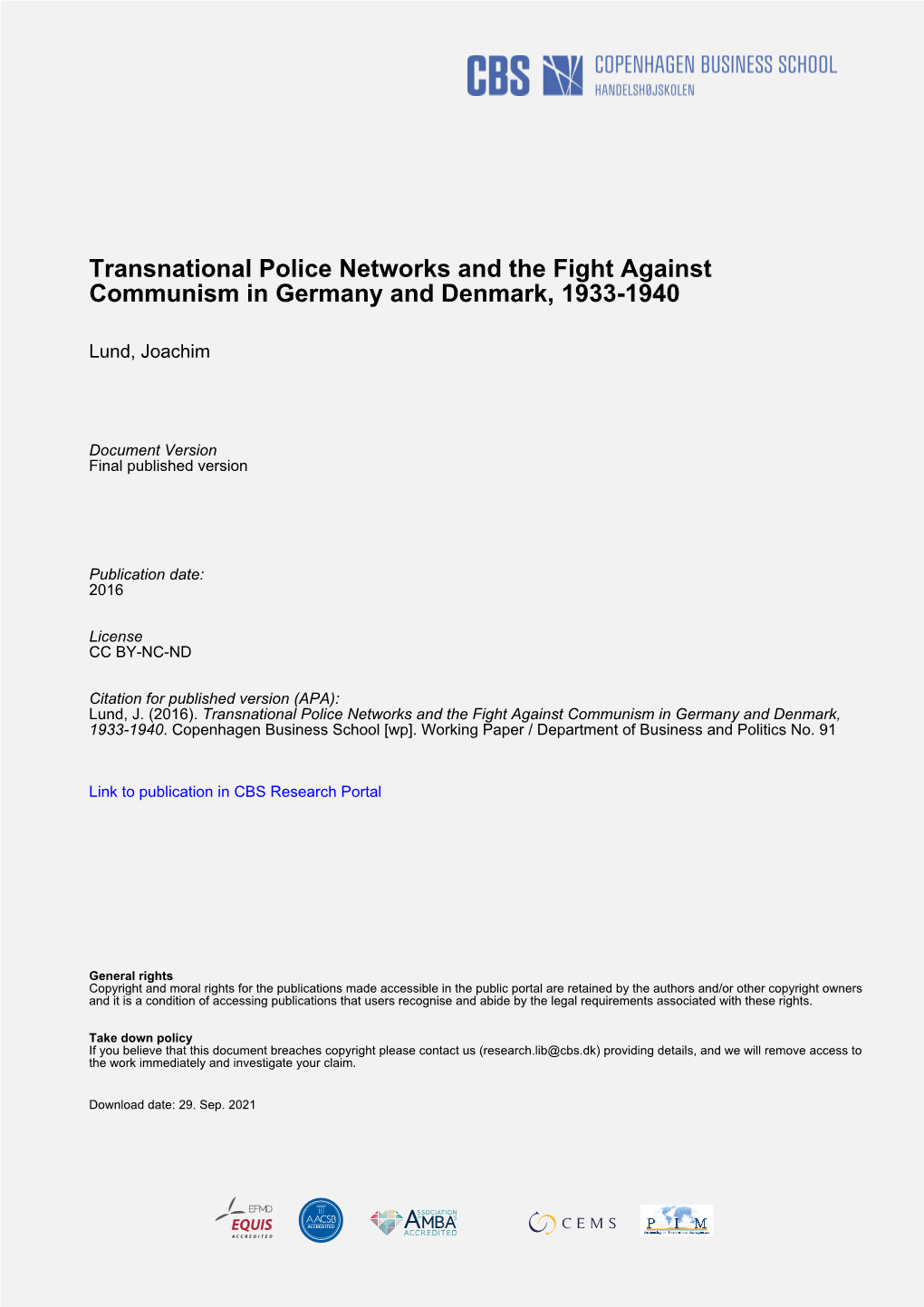 Transnational Police Networks and the Fight Against Communism in Germany and Denmark, 1933-1940