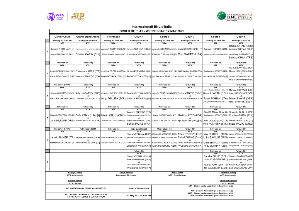 Internazionali BNL D'italia ORDER of PLAY - WEDNESDAY, 12 MAY 2021