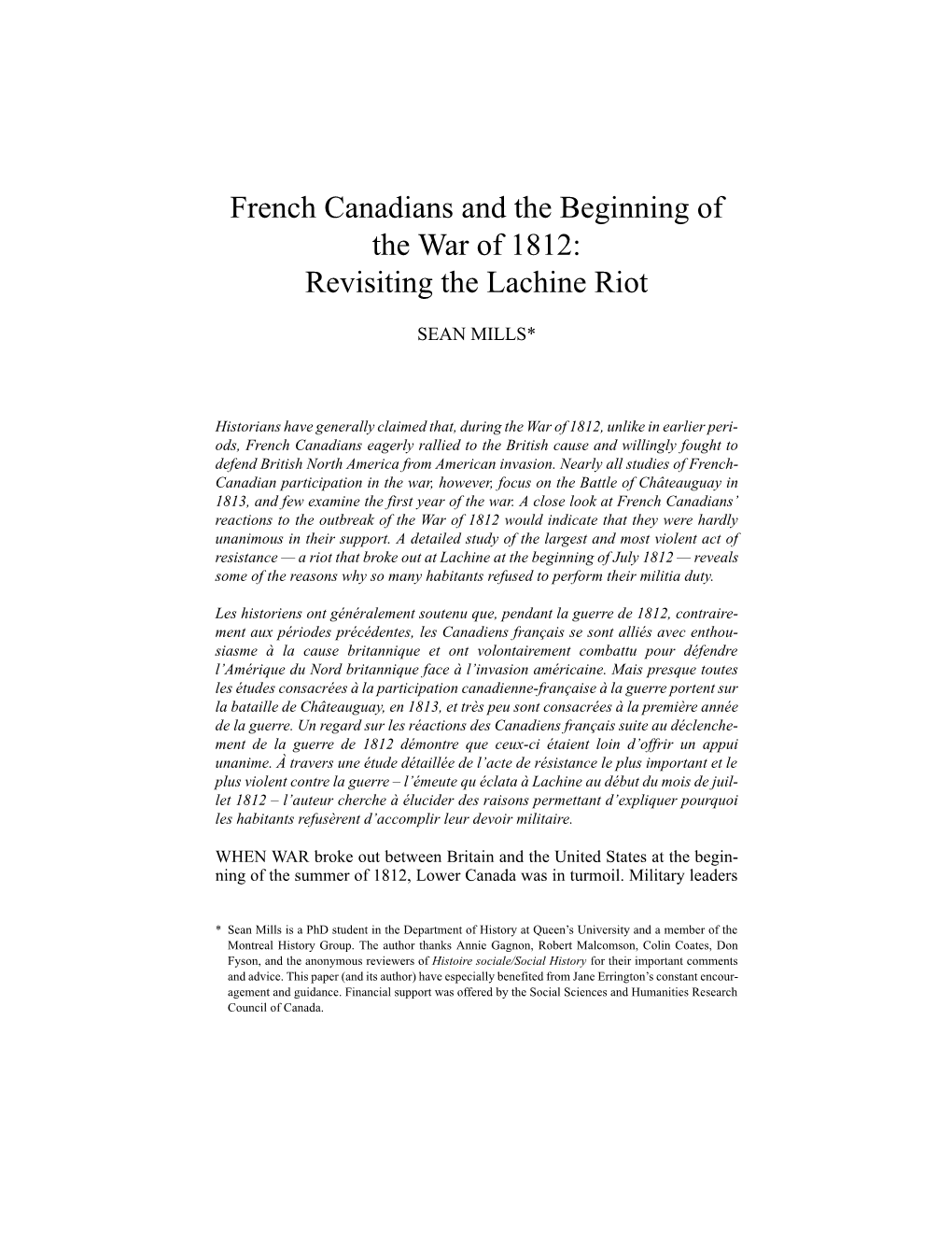 French Canadians and the Beginning of the War of 1812: Revisiting the Lachine Riot