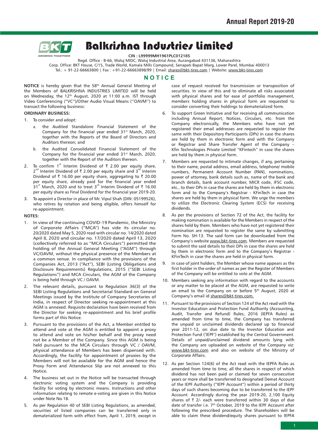 Balkrishna Industries Limited CIN : L99999MH1961PLC012185 Regd