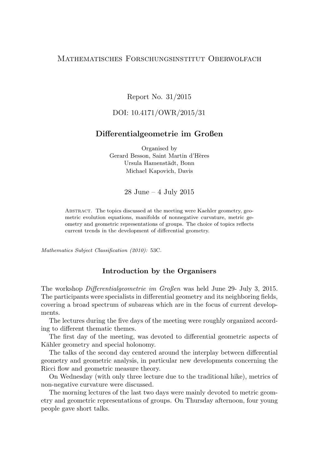 Mathematisches Forschungsinstitut Oberwolfach Differentialgeometrie
