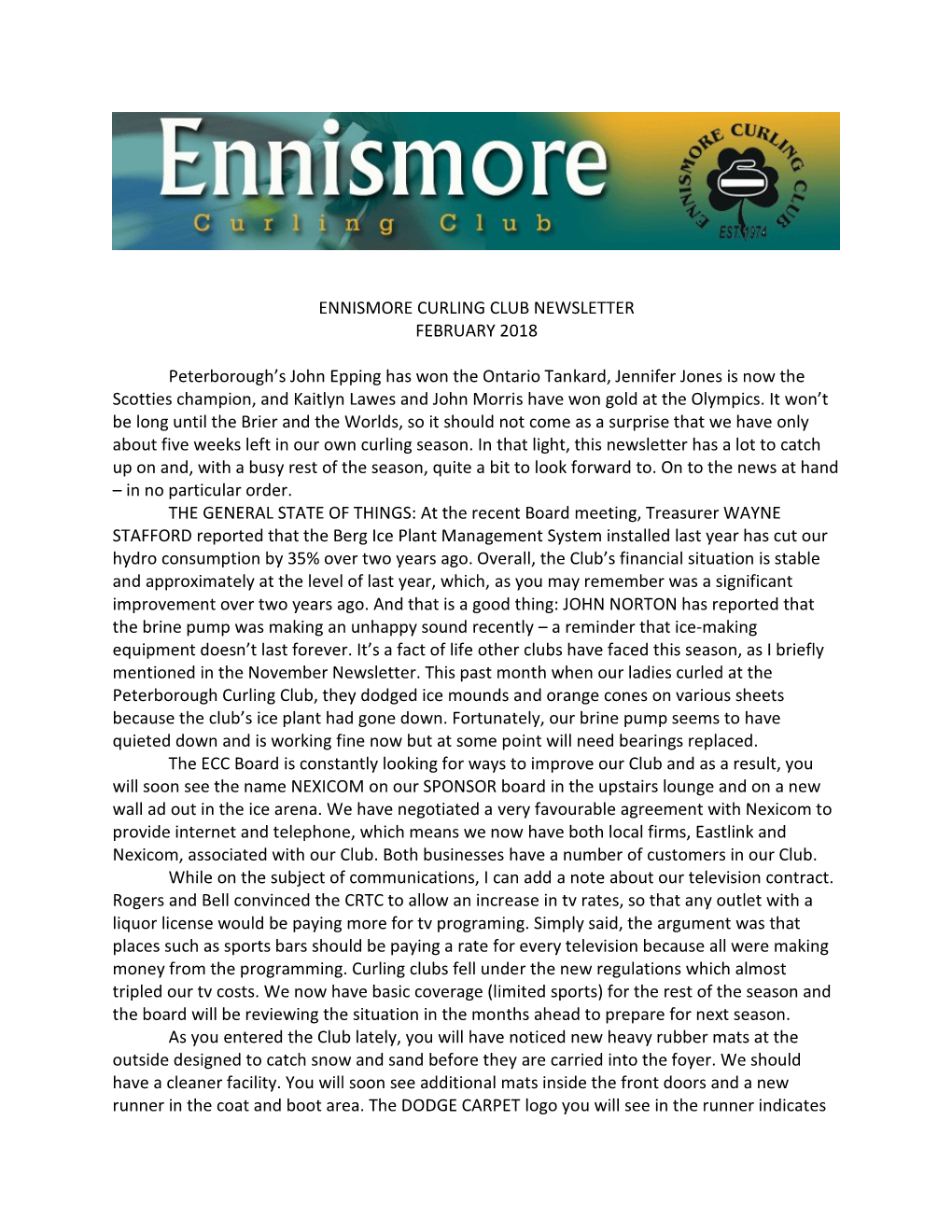 Ennismore Curling Club Newsletter February 2018
