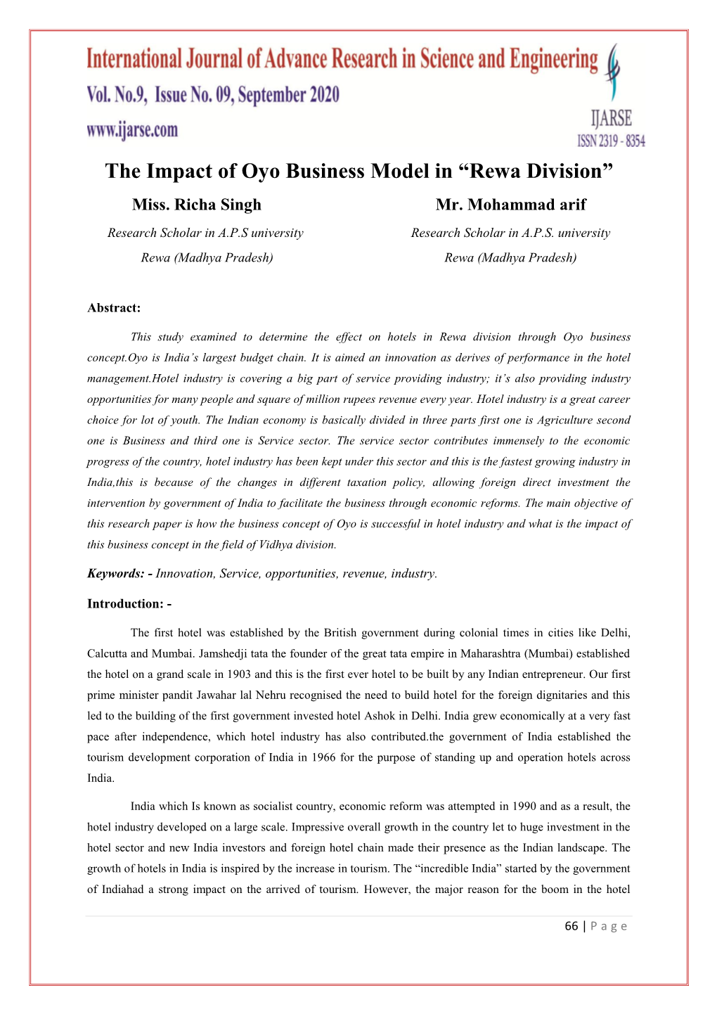 The Impact of Oyo Business Model in “Rewa Division”