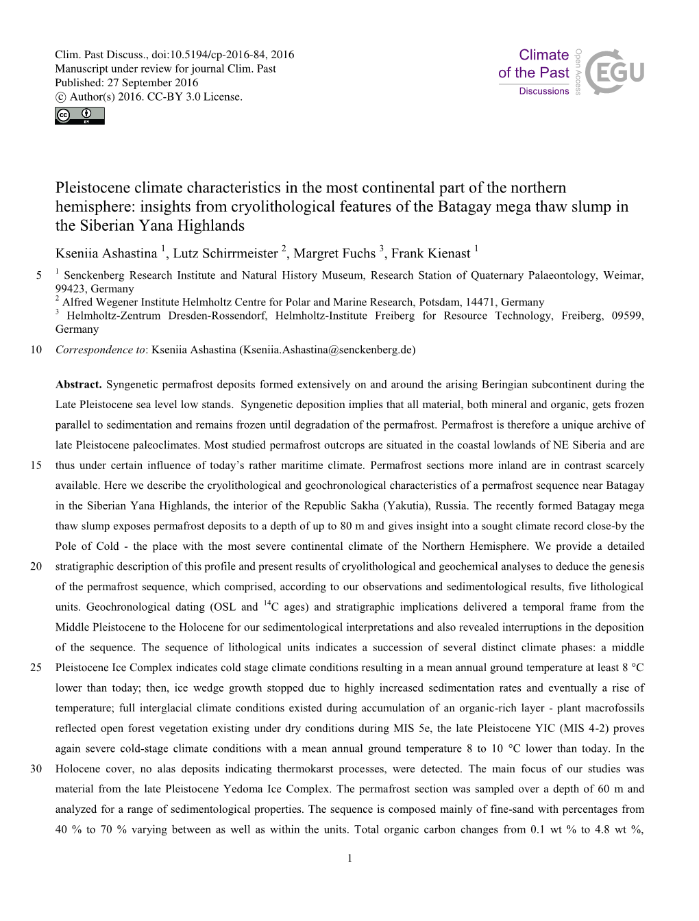 Pleistocene Climate Characteristics in the Most Continental Part of the Northern Hemisphere