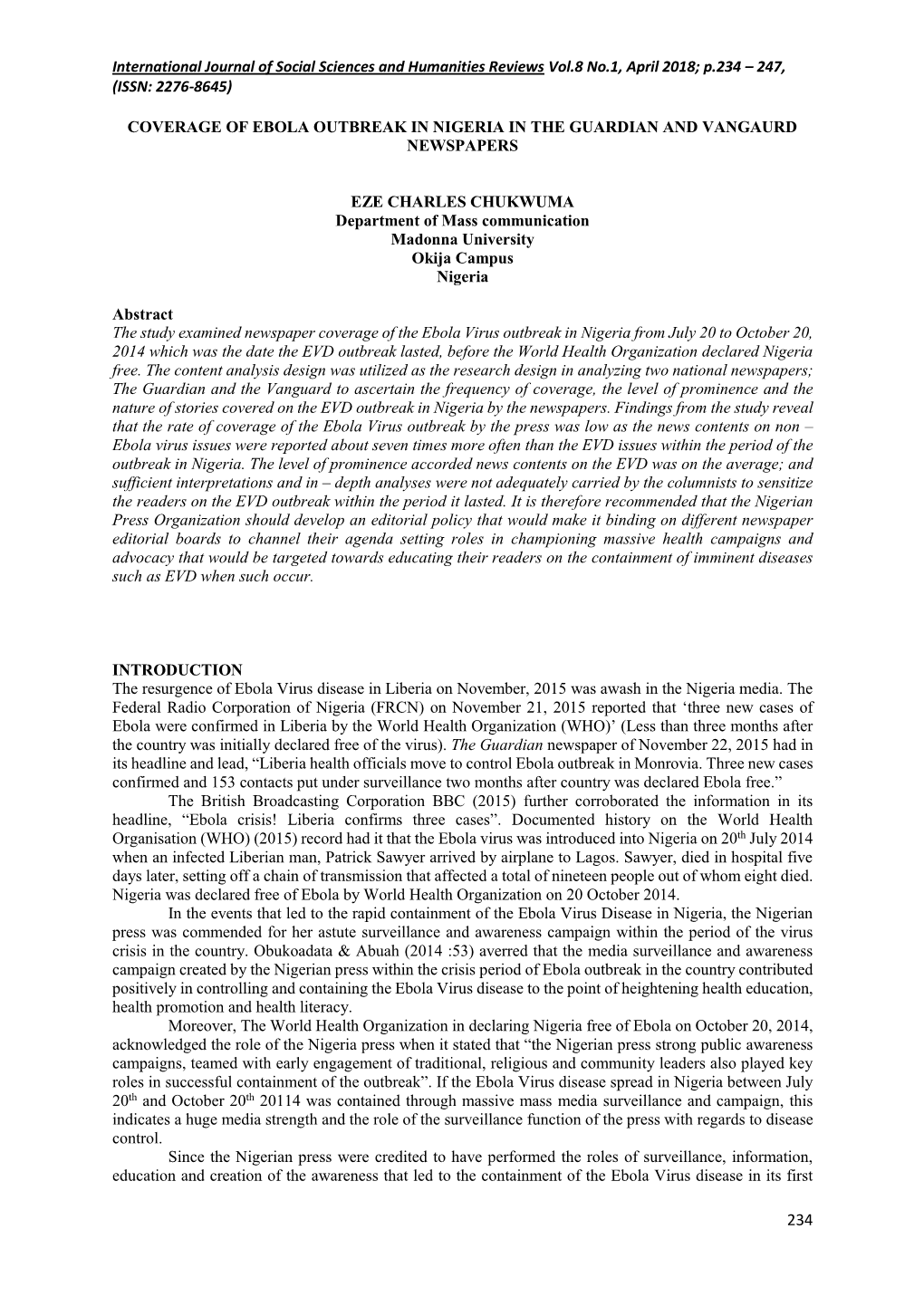 International Journal of Social Sciences and Humanities Reviews Vol.8 No.1, April 2018; P.234 – 247, (ISSN: 2276-8645)