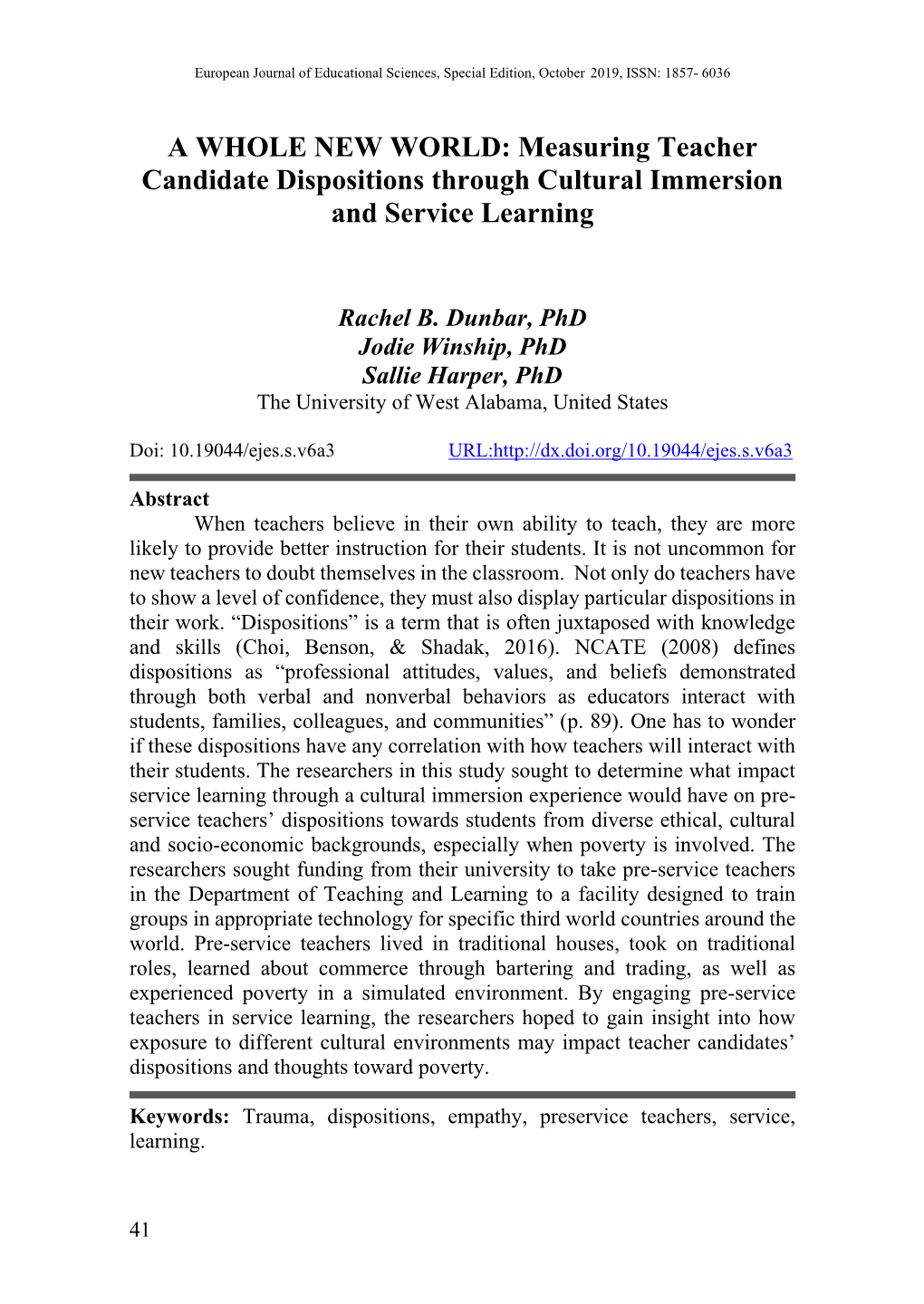 A WHOLE NEW WORLD: Measuring Teacher Candidate Dispositions Through Cultural Immersion and Service Learning