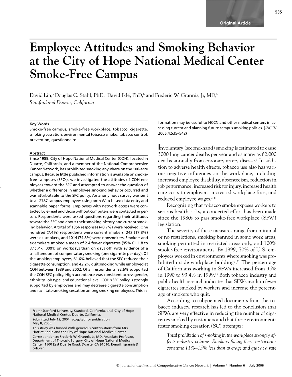 Employee Attitudes and Smoking Behavior at the City of Hope National Medical Center Smoke-Free Campus