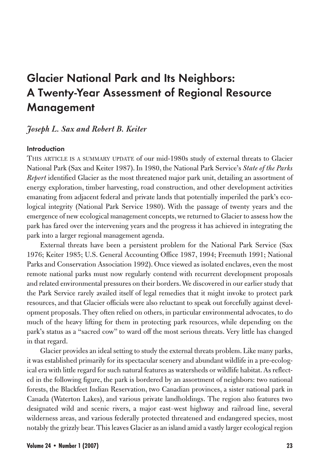 Glacier National Park and Its Neighbors: a Twenty-Year Assessment of Regional Resource Management