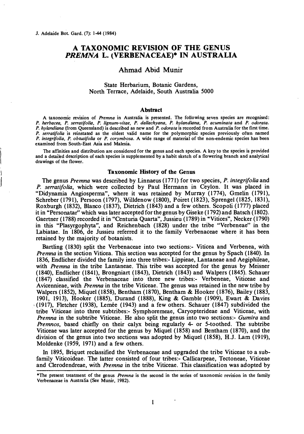 A TAXONOMIC REVISION of the GENUS PREMNA L. (VERBENACEAE)* in AUSTRALIA Ahmad Abid Munir