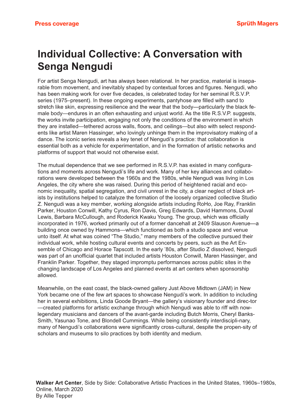 Individual Collective: a Conversation with Senga Nengudi