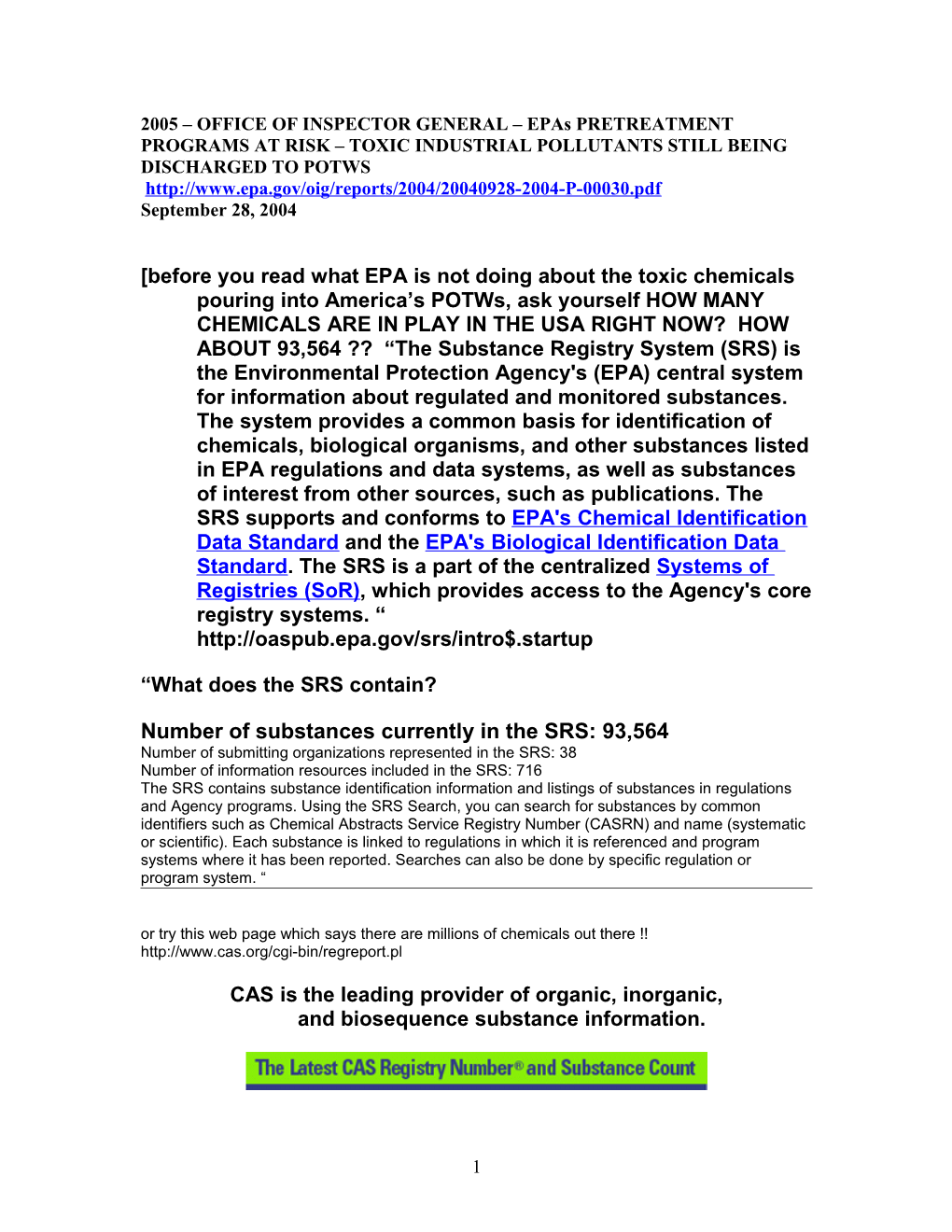 2005 OFFICE of INSPECTOR GENERAL Epas PRETREATMENT PROGRAMS at RISK TOXIC INDUSTRIAL POLLUTANTS