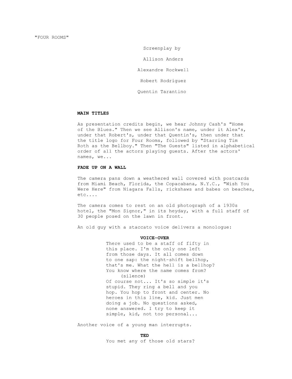 "FOUR ROOMS" Screenplay by Allison Anders Alexandre Rockwell