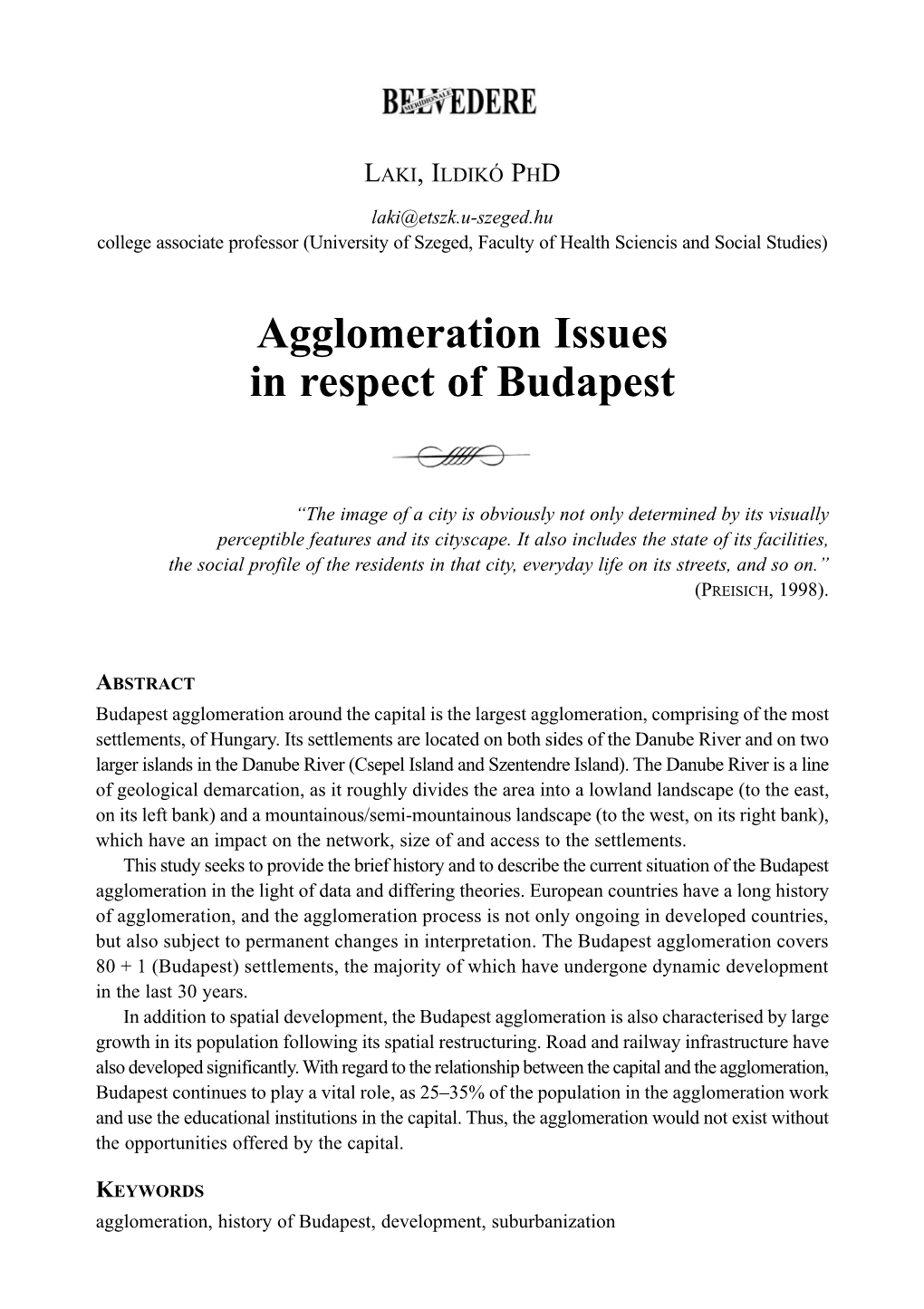 Agglomeration Issues in Respect of Budapest