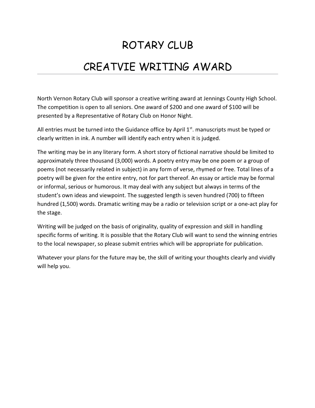 Creatvie Writing Award