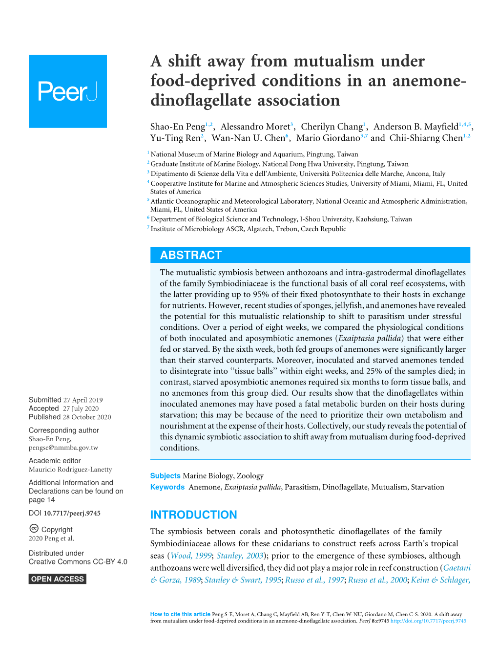 A Shift Away from Mutualism Under Food-Deprived Conditions in an Anemone- Dinoflagellate Association