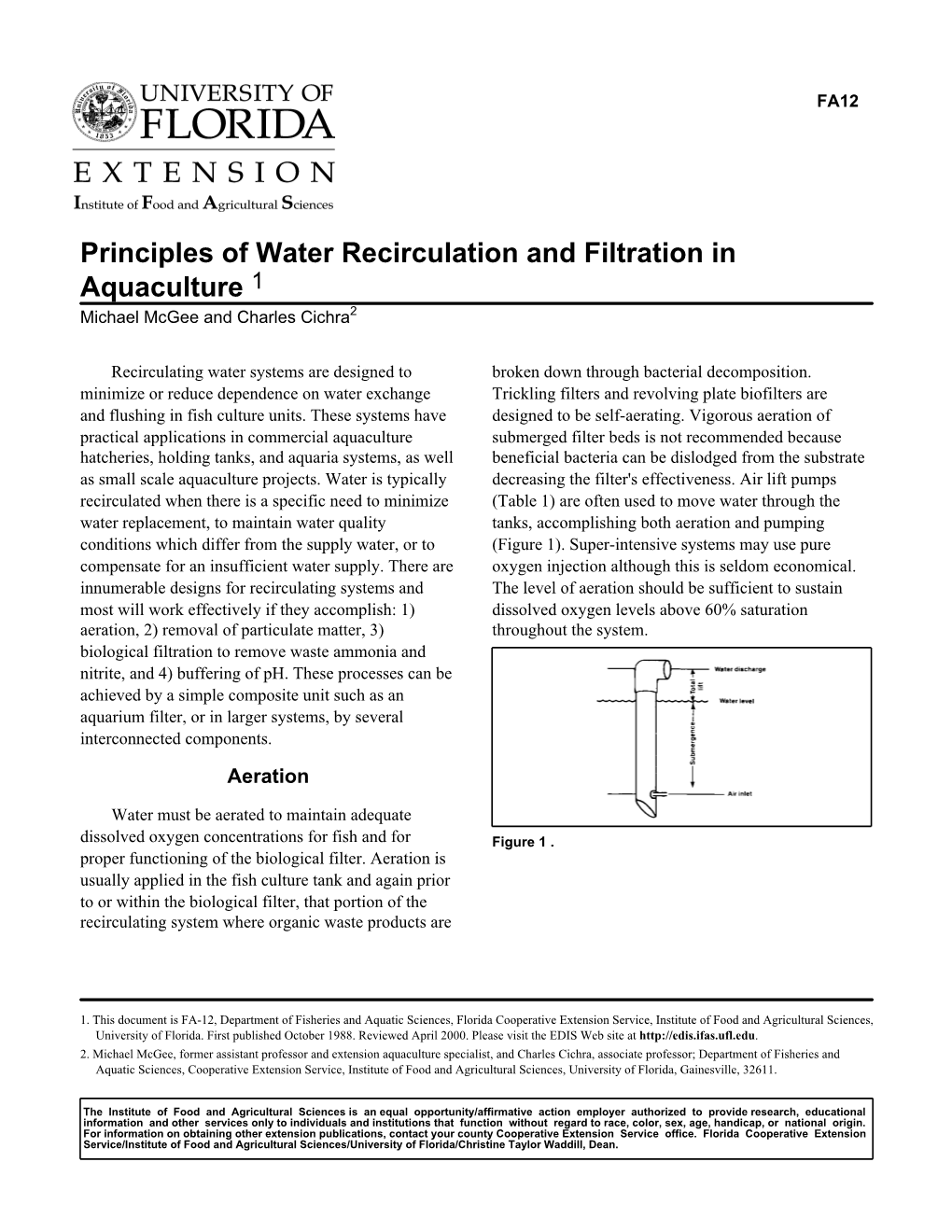 Principles of Water Recirculation and Filtration in Aquaculture 1 Michael Mcgee and Charles Cichra2