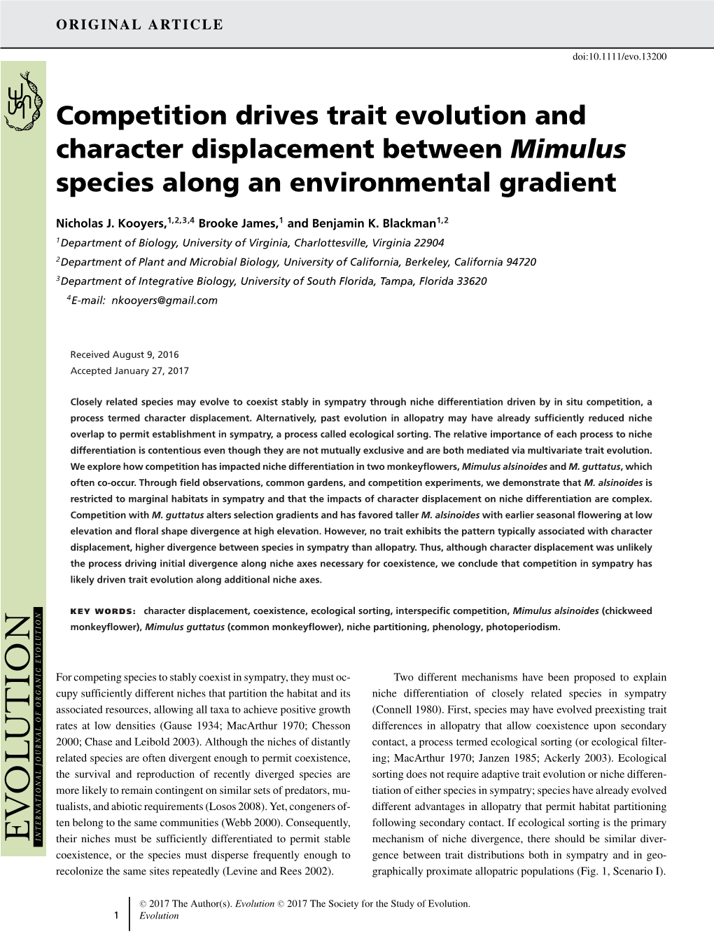 Competition Drives Trait Evolution and Character Displacement Between &lt;I&gt;