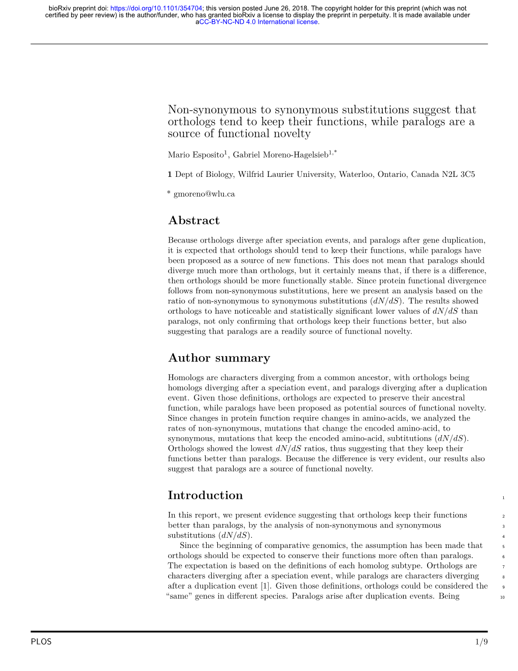 Non-Synonymous to Synonymous Substitutions Suggest That Orthologs Tend to Keep Their Functions, While Paralogs Are a Source of Functional Novelty