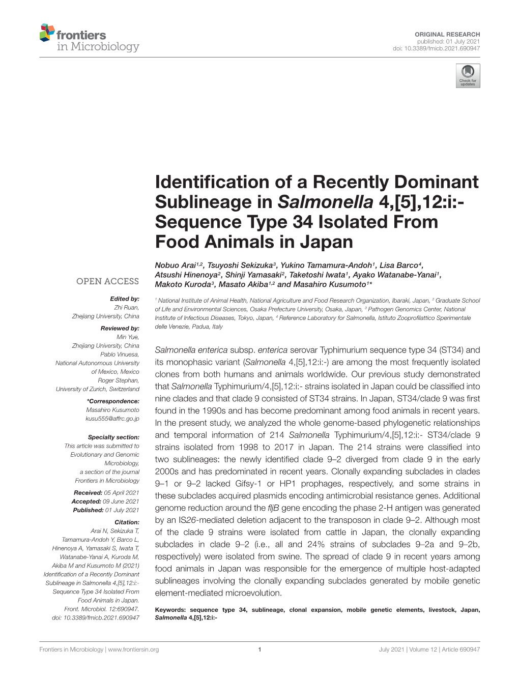 Identification of a Recently Dominant Sublineage in Salmonella 4,[5],12:I:- Sequence Type 34 Isolated from Food Animals in Japan