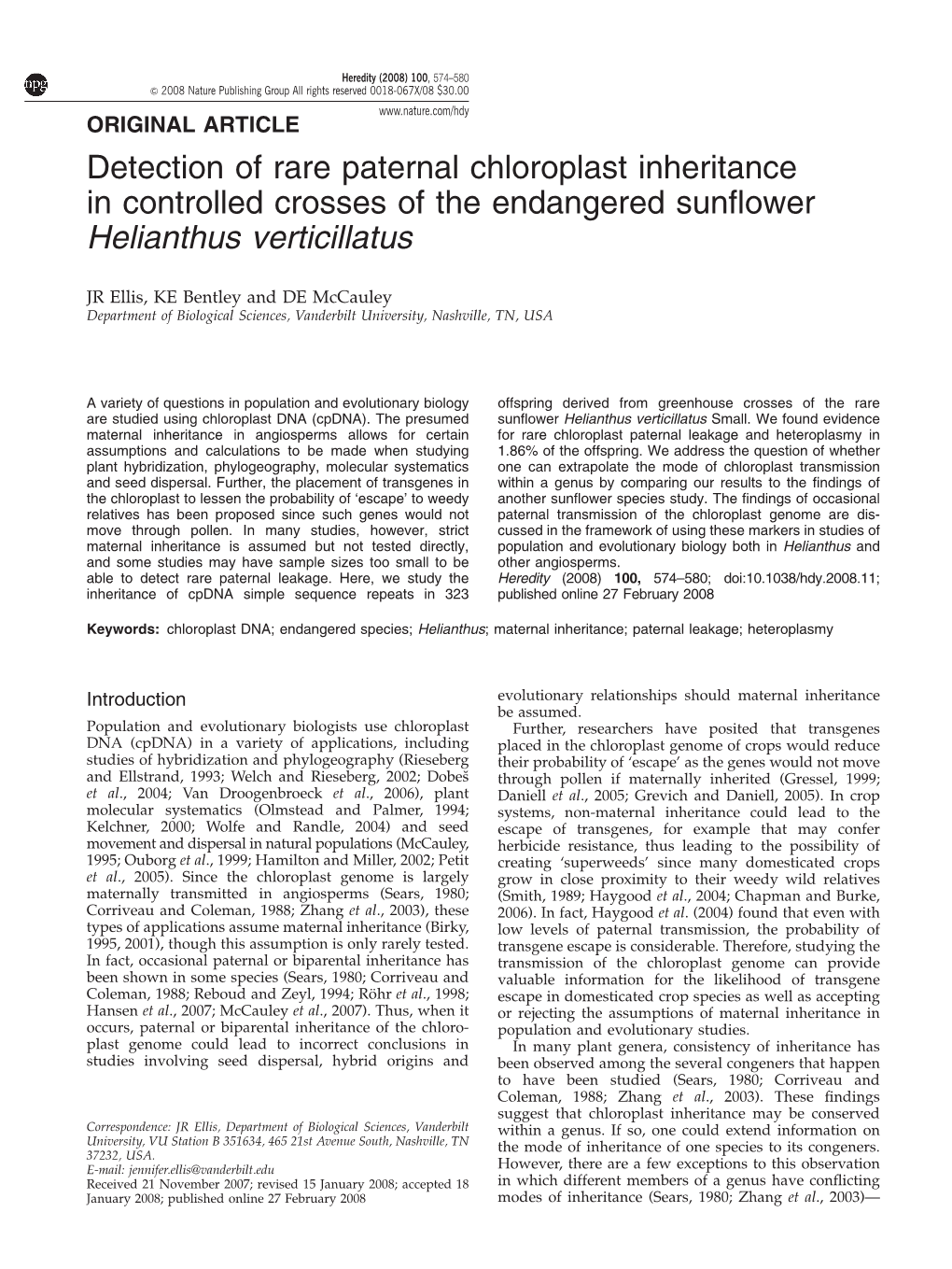 Detection of Rare Paternal Chloroplast Inheritance in Controlled Crosses of the Endangered Sunflower Helianthus Verticillatus