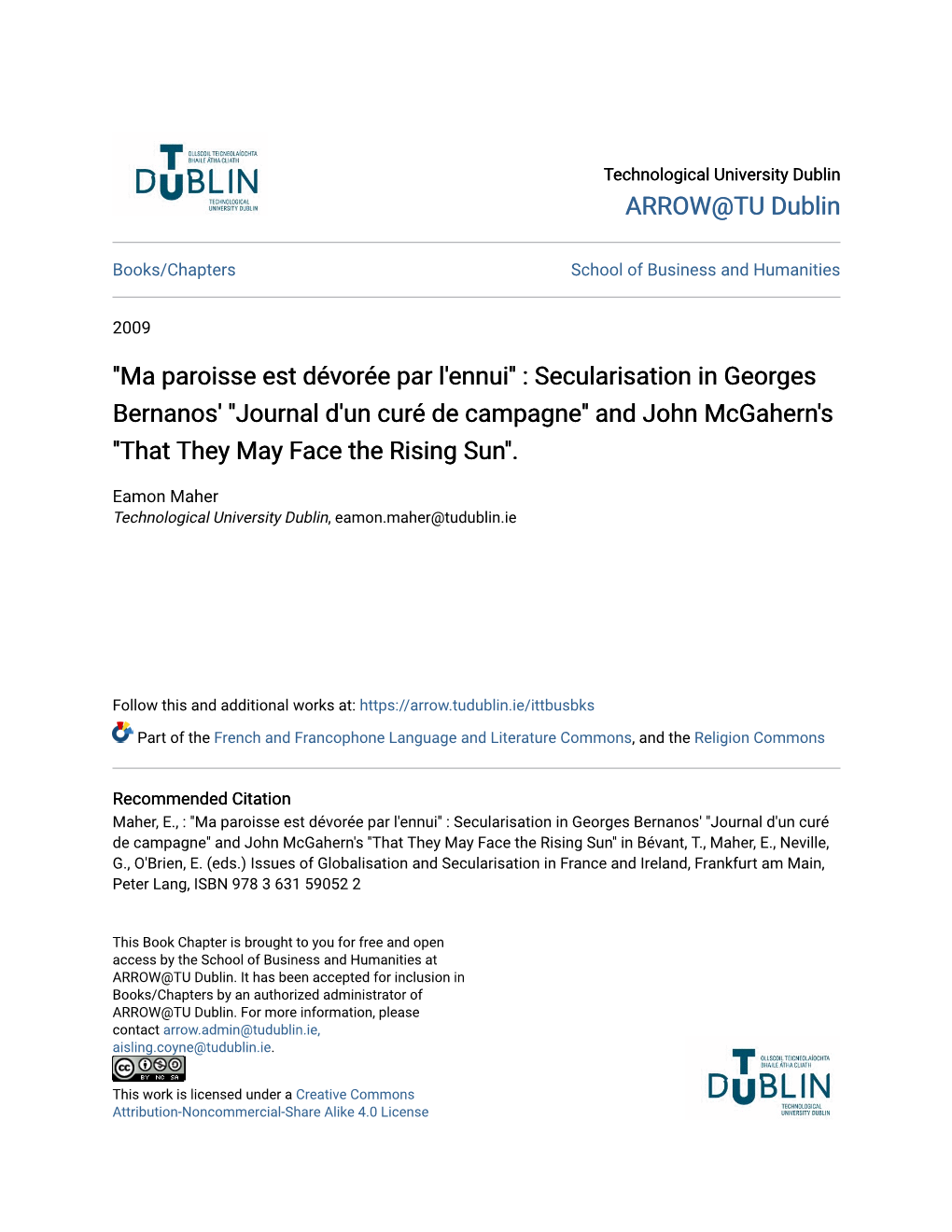 Secularisation in Georges Bernanos' ''Journal D'un Curé De Campagne'' and John Mcgahern's ''That They May Face the Rising Sun''