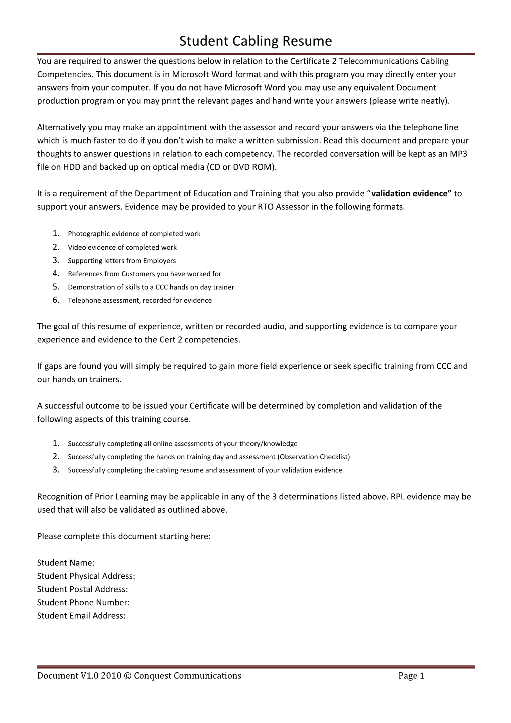 Student Cabling Resume