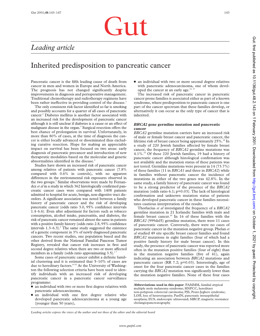 Leading Article Inherited Predisposition to Pancreatic Cancer