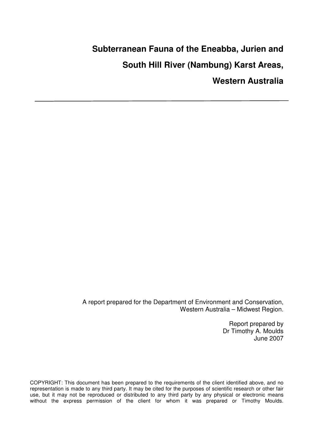 Subterranean Fauna of the Eneabba, Jurien and South Hill River (Nambung) Karst Areas, Western Australia