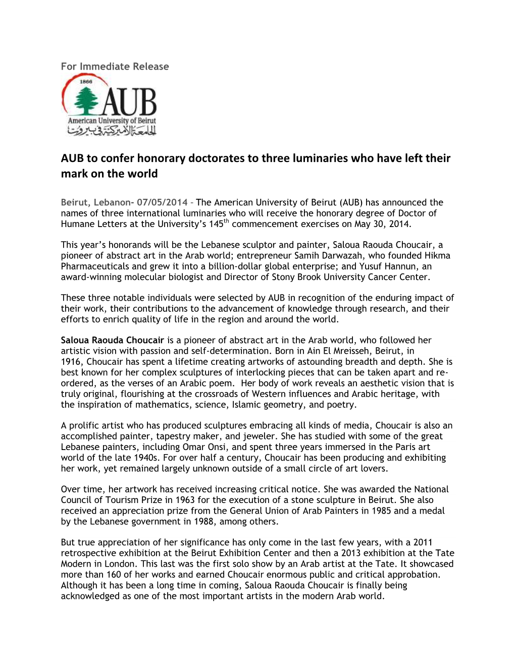 AUB to Confer Honorary Doctorates to Three Luminaries Who Have Left Their Mark on the World