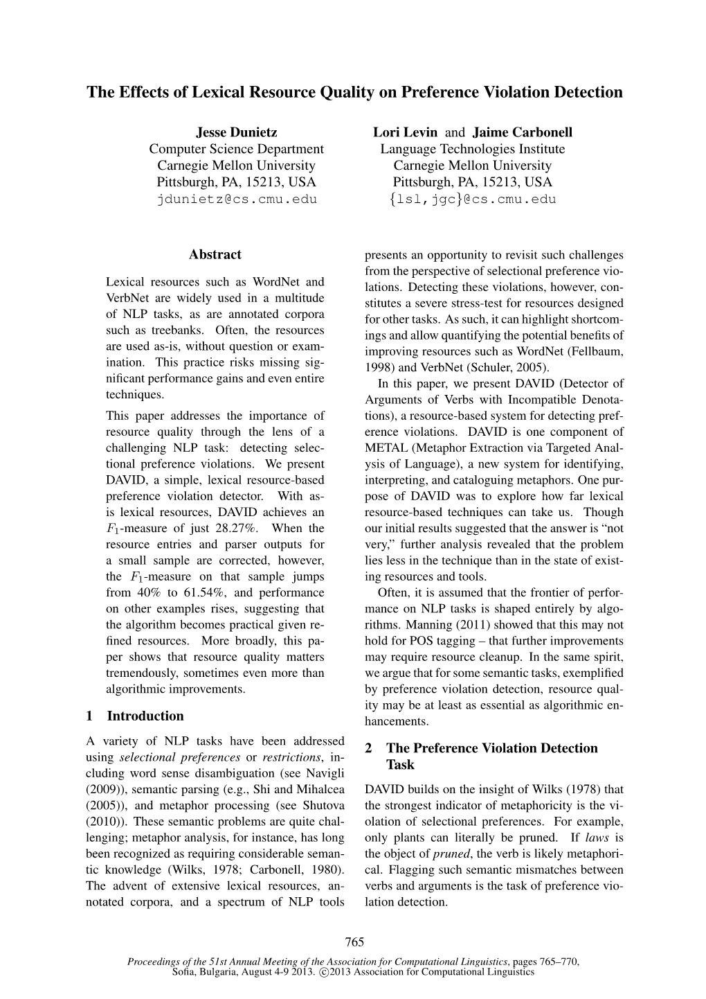 The Effects of Lexical Resource Quality on Preference Violation Detection