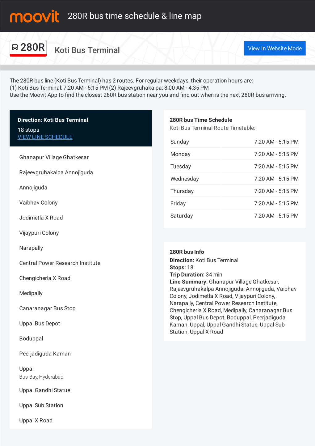 280R Bus Time Schedule & Line Route