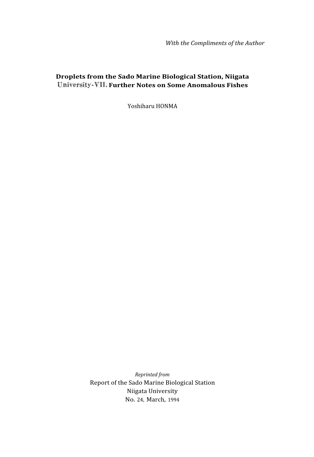 Report of the Sado Marine Biological Station Niigata University No. 24, March, 1994 Rep