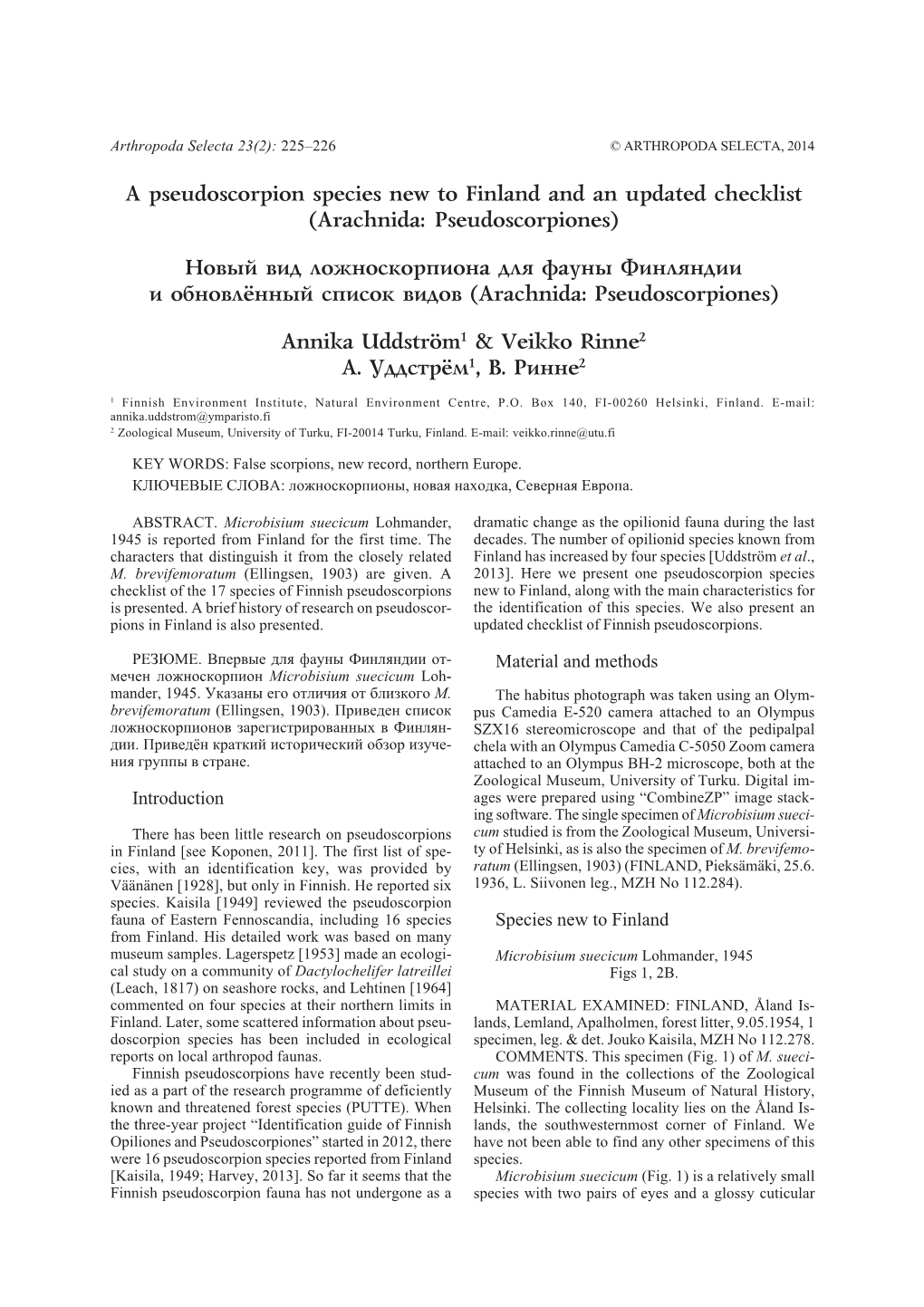 A Pseudoscorpion Species New to Finland and an Updated Checklist (Arachnida: Pseudoscorpiones)