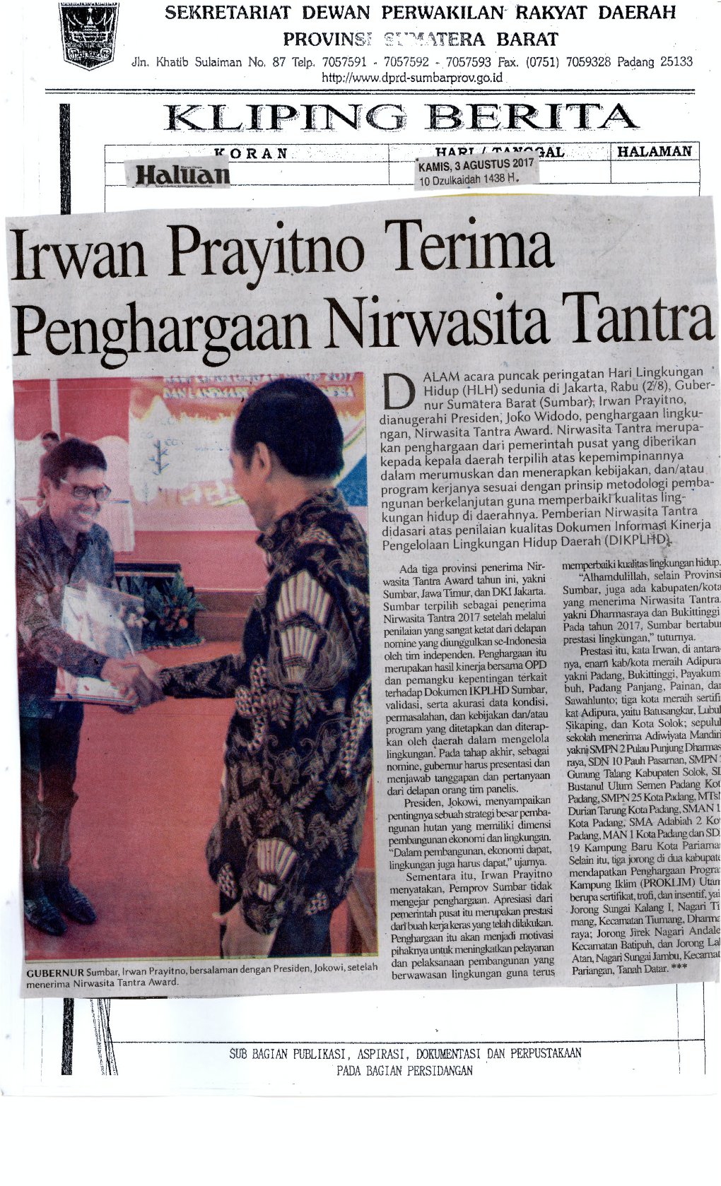 Irwan Prayitno Terima Penghargaan Nirwasita Tantra