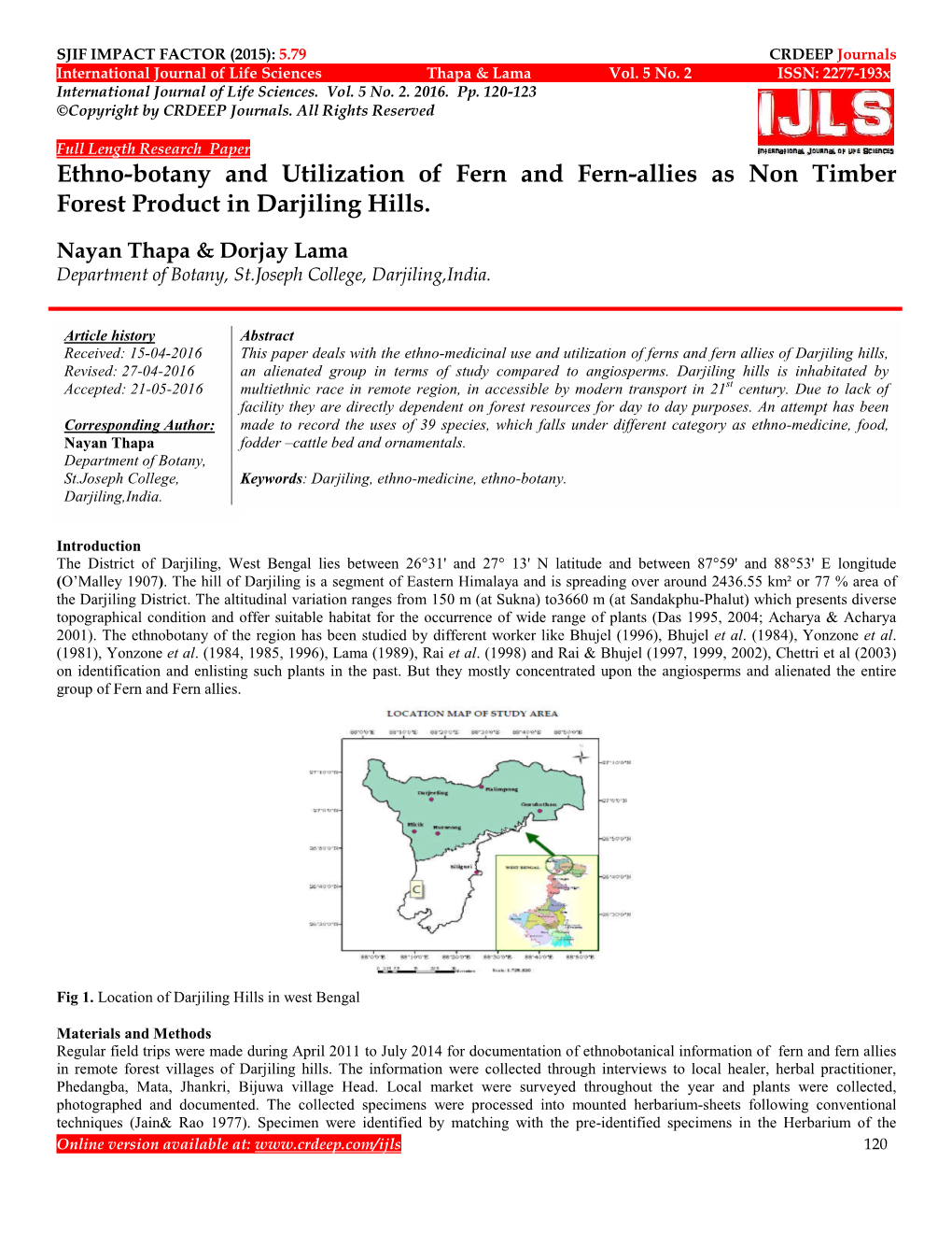 Ethno-Botany and Utilization of Fern and Fern-Allies As Non Timber Forest Product in Darjiling Hills