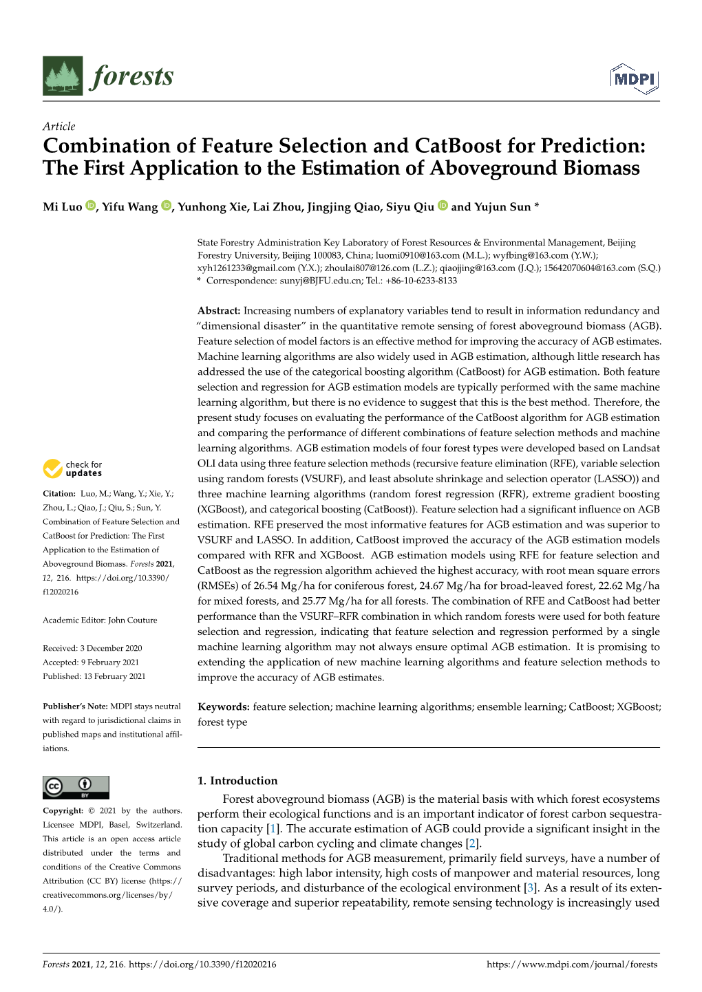Combination of Feature Selection and Catboost for Prediction: the First Application to the Estimation of Aboveground Biomass