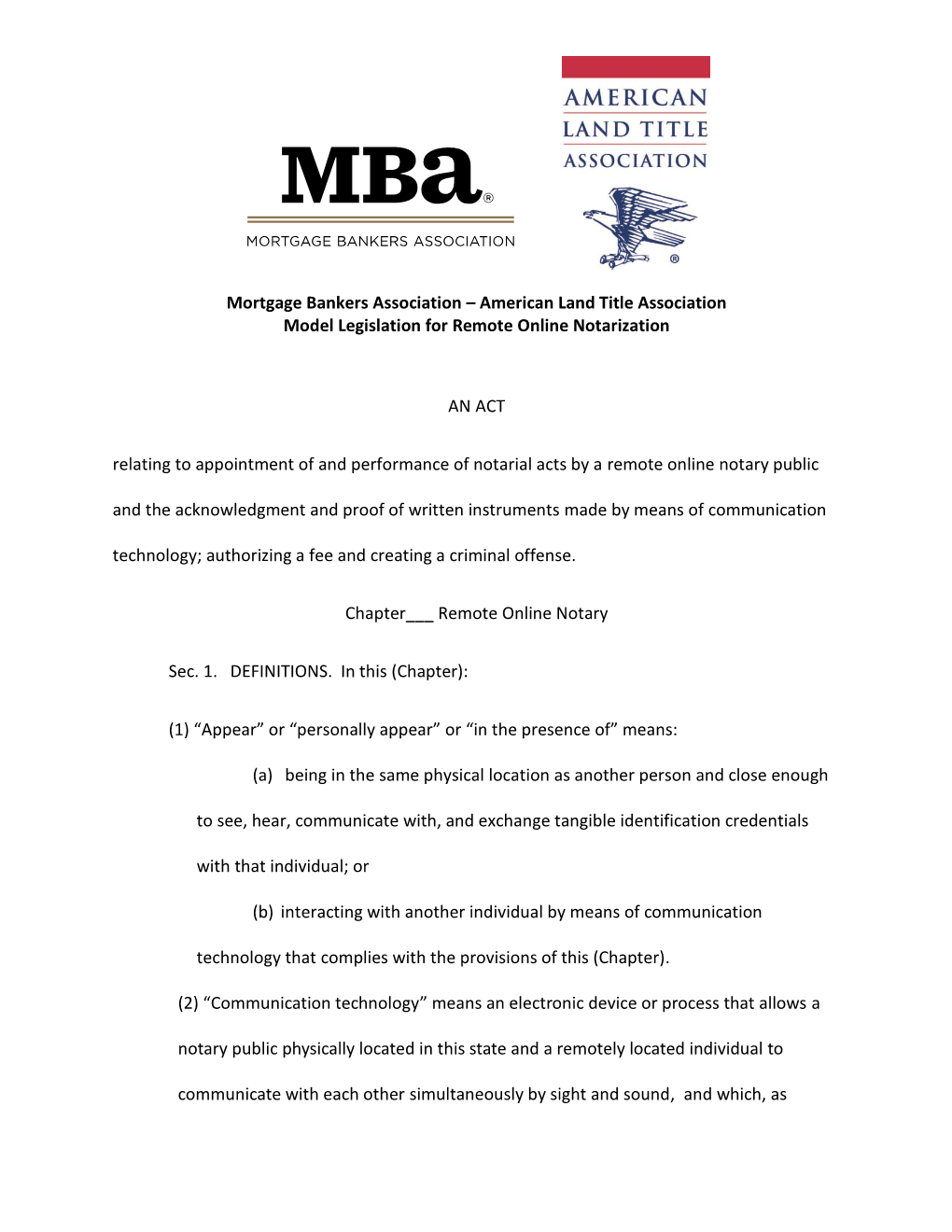 MBA/ALTA Model Legislation for Remote Online Notarization