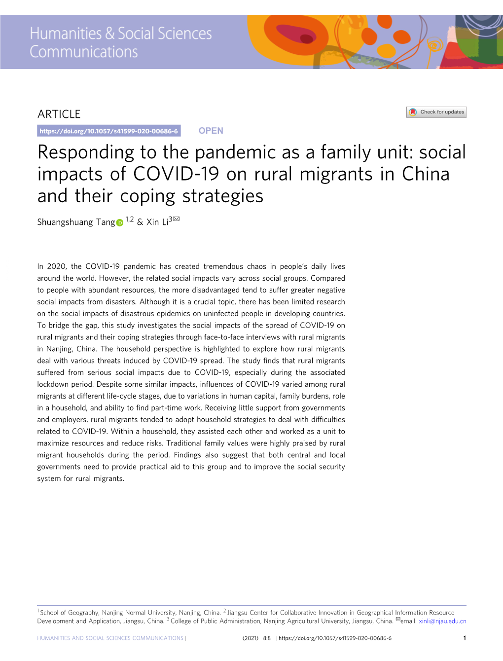 Social Impacts of COVID-19 on Rural Migrants in China and Their Coping Strategies ✉ Shuangshuang Tang 1,2 & Xin Li3