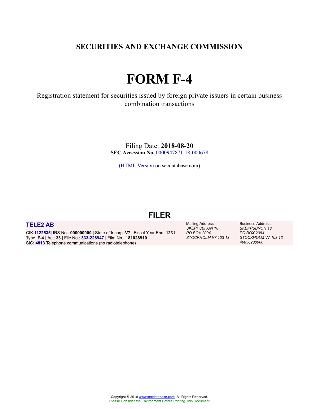 TELE2 AB Form F-4 Filed 2018-08-20