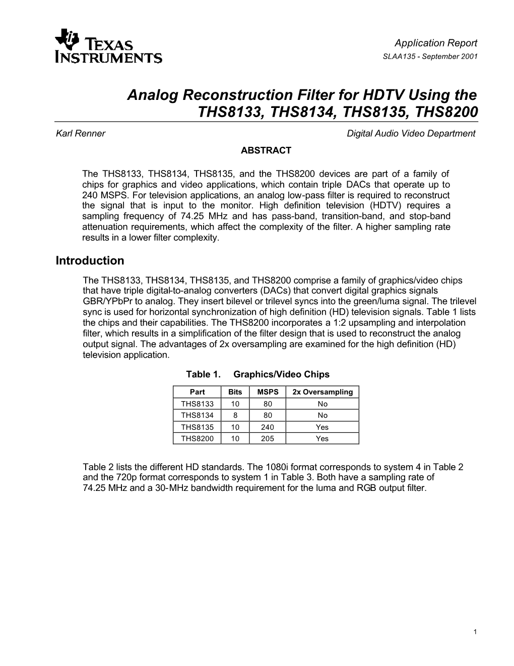 Analog Reconstruction Filter for HDTV Using the THS8133, THS8134, THS8135, THS8200