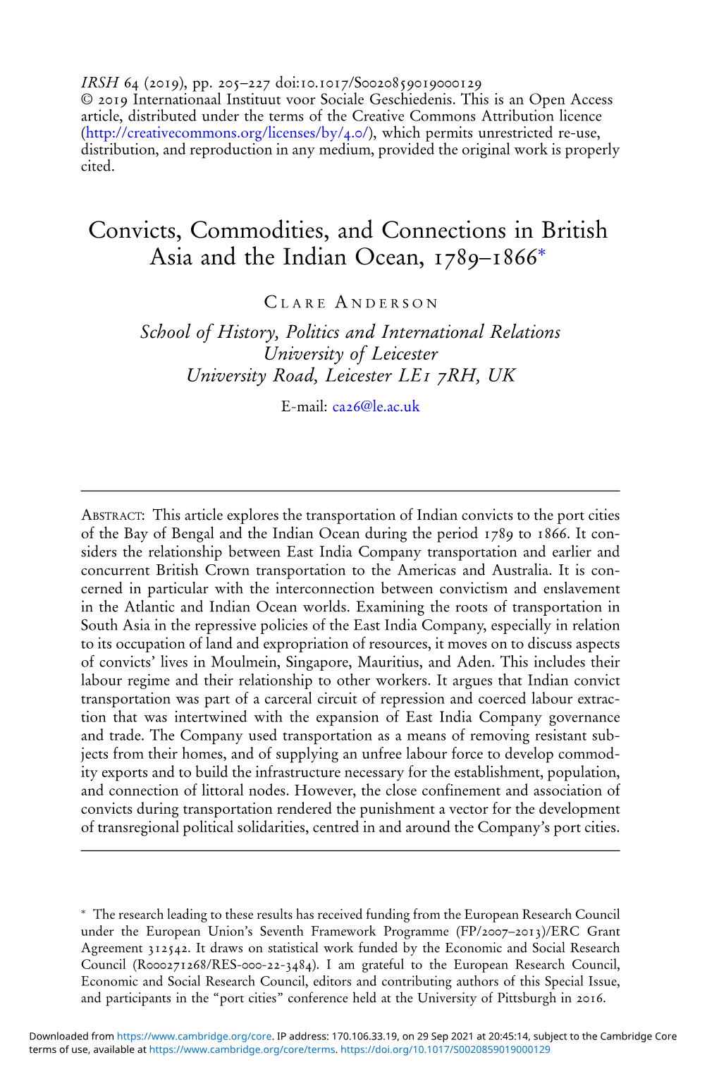 Convicts, Commodities, and Connections in British Asia and the Indian Ocean, –∗