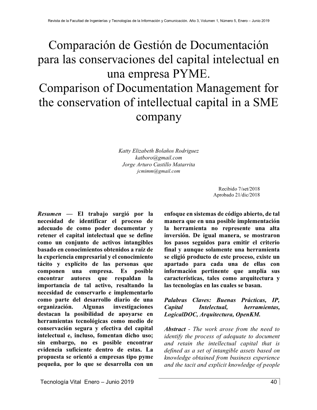 Comparación De Gestión De Documentación Para Las Conservaciones Del Capital Intelectual En Una Empresa PYME