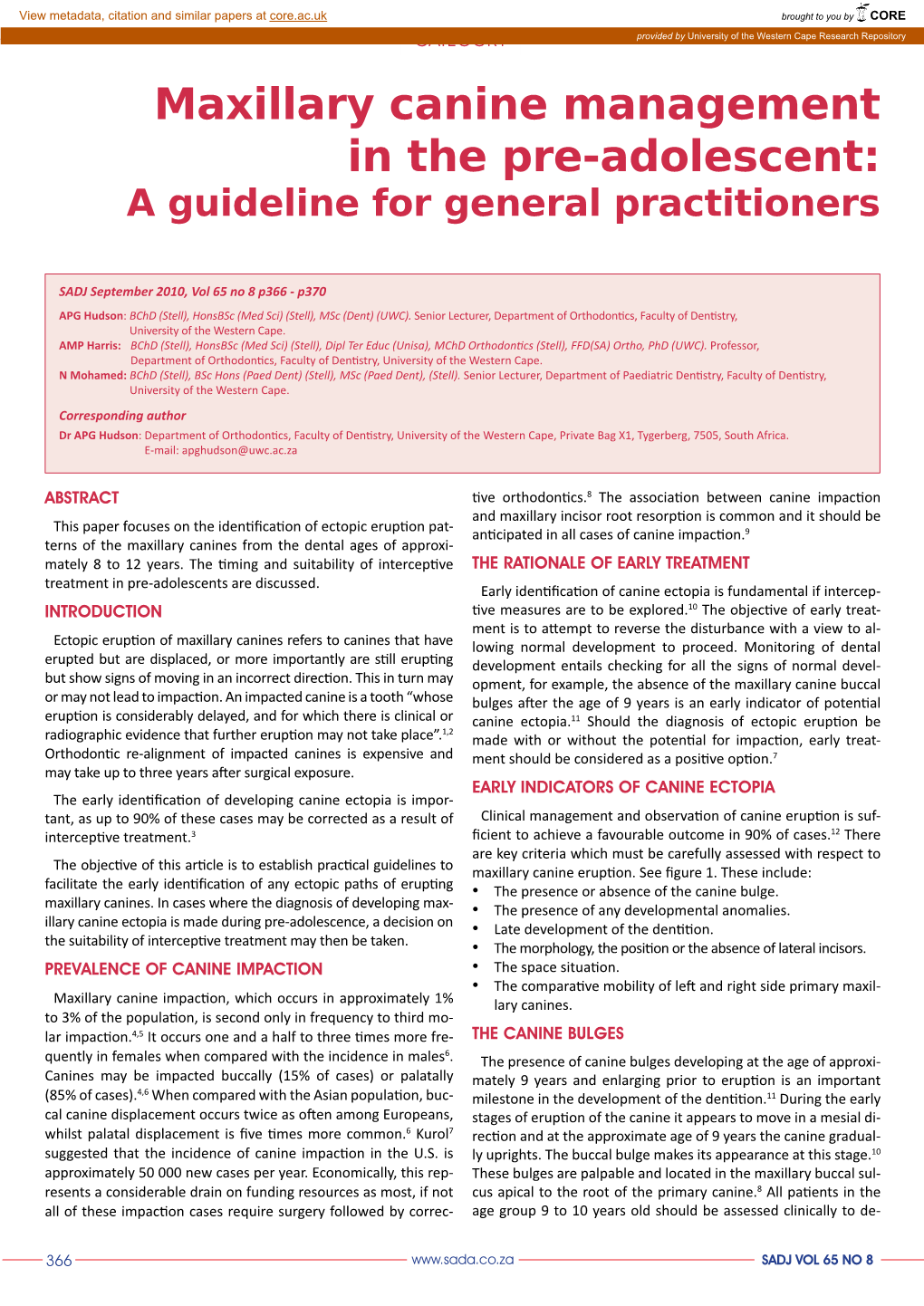 Maxillary Canine Management in the Pre-Adolescent: a Guideline for General Practitioners