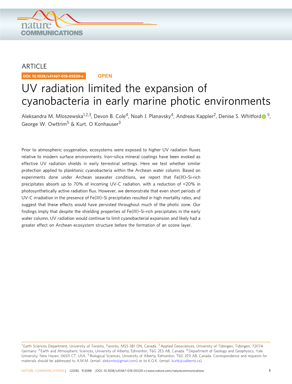 UV Radiation Limited the Expansion of Cyanobacteria in Early Marine Photic Environments